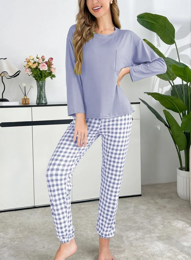 Take Two Take Two Purple Plain T-Shirt and Checked Pyjama Set