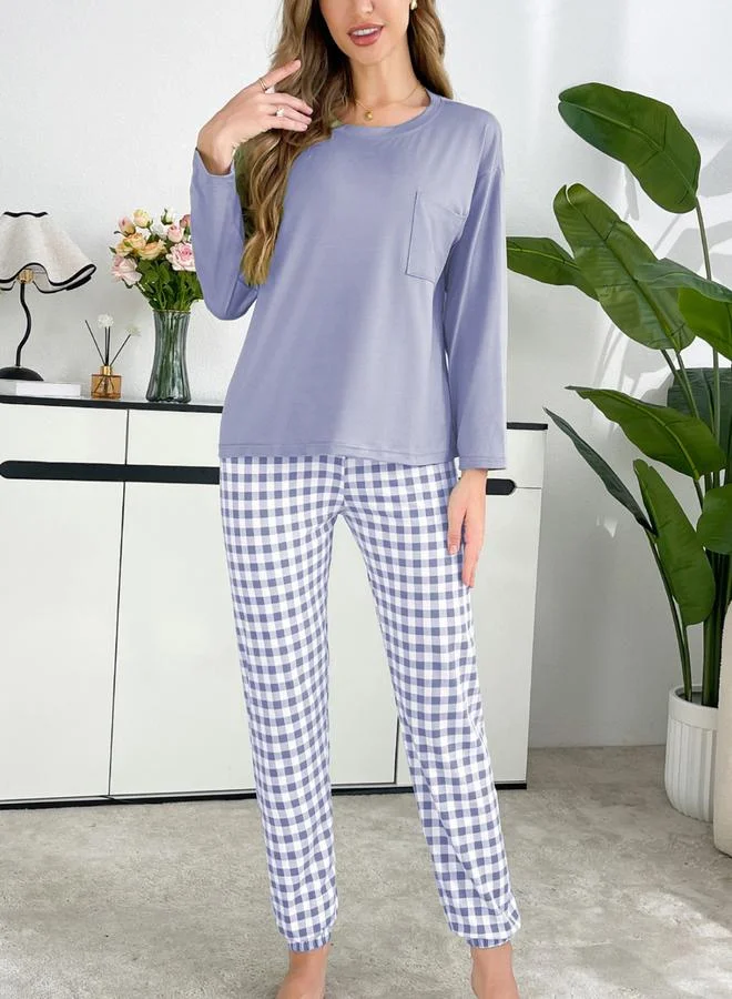 Take Two Take Two Purple Plain T-Shirt and Checked Pyjama Set
