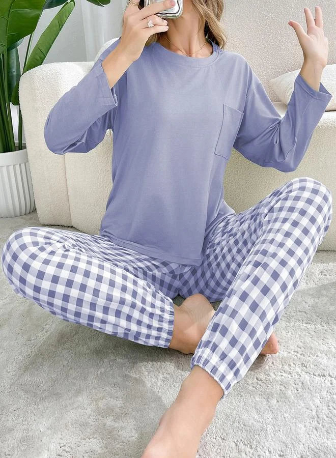 Take Two Take Two Purple Plain T-Shirt and Checked Pyjama Set