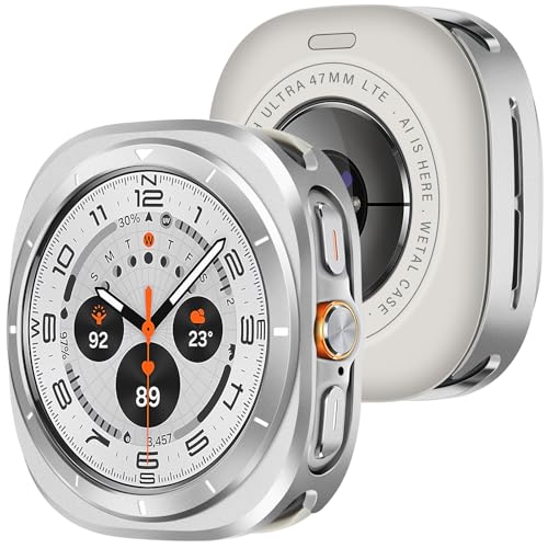Amizee Rugged Case Compatible with Samsung Galaxy Watch Ultra (2025/2024) 47mm with Back Cover, Metal Bumper Ultra Thin Shockproof Protective Cover for Galaxy Watch 7/8 Ultra, Silver/White - Image 1