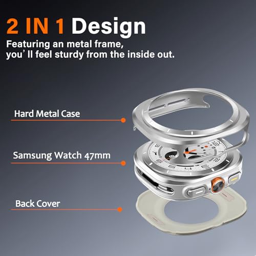 Amizee Rugged Case Compatible with Samsung Galaxy Watch Ultra (2025/2024) 47mm with Back Cover, Metal Bumper Ultra Thin Shockproof Protective Cover for Galaxy Watch 7/8 Ultra, Silver/White - Image 4