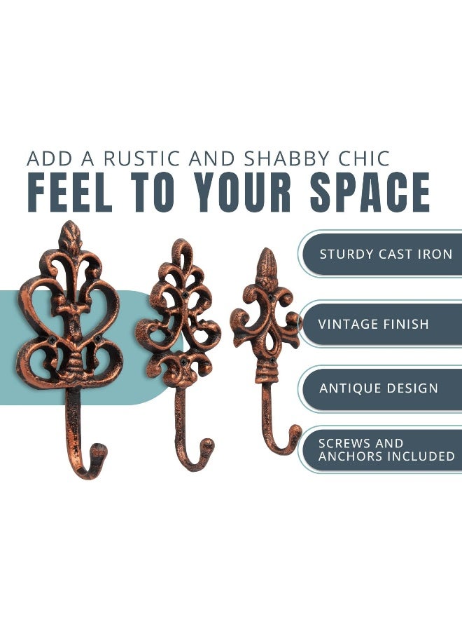 Comfify Shabby Chic Cast Iron Decorative Wall Hooks - Rustic - Cooper - Antique - French Country Charm - Large Decorative Hanging Hooks - Set of 3 - Screws and Anchors for Mounting Included- Brown - Image 2