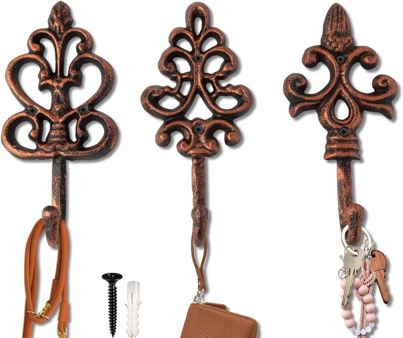 Comfify Shabby Chic Cast Iron Decorative Wall Hooks - Rustic - Cooper - Antique - French Country Charm - Large Decorative Hanging Hooks - Set of 3 - Screws and Anchors for Mounting Included- Brown - Image 1