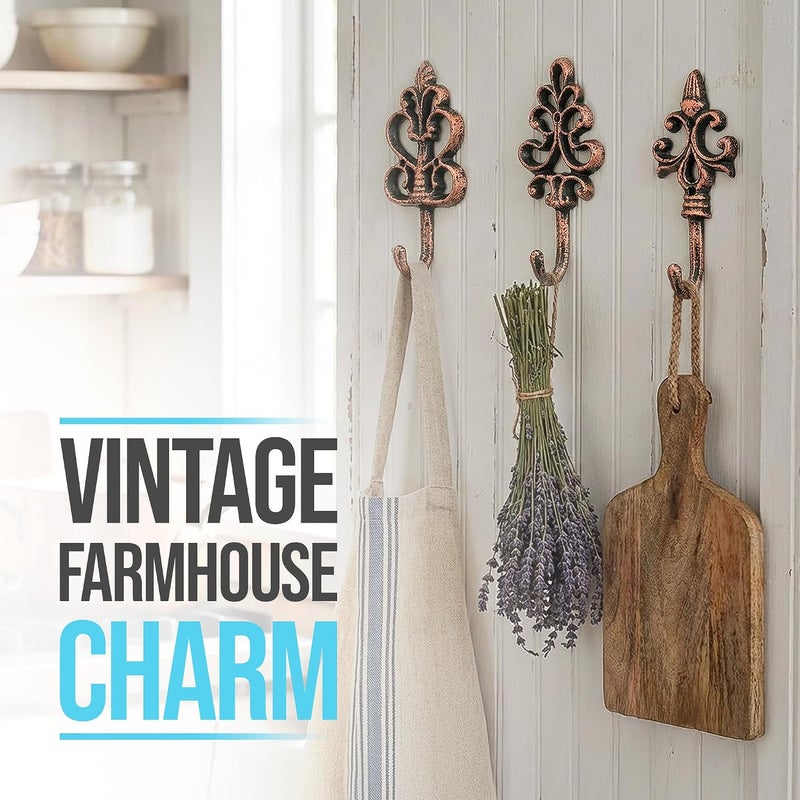 Comfify Shabby Chic Cast Iron Decorative Wall Hooks - Rustic - Cooper - Antique - French Country Charm - Large Decorative Hanging Hooks - Set of 3 - Screws and Anchors for Mounting Included- Brown - Image 4