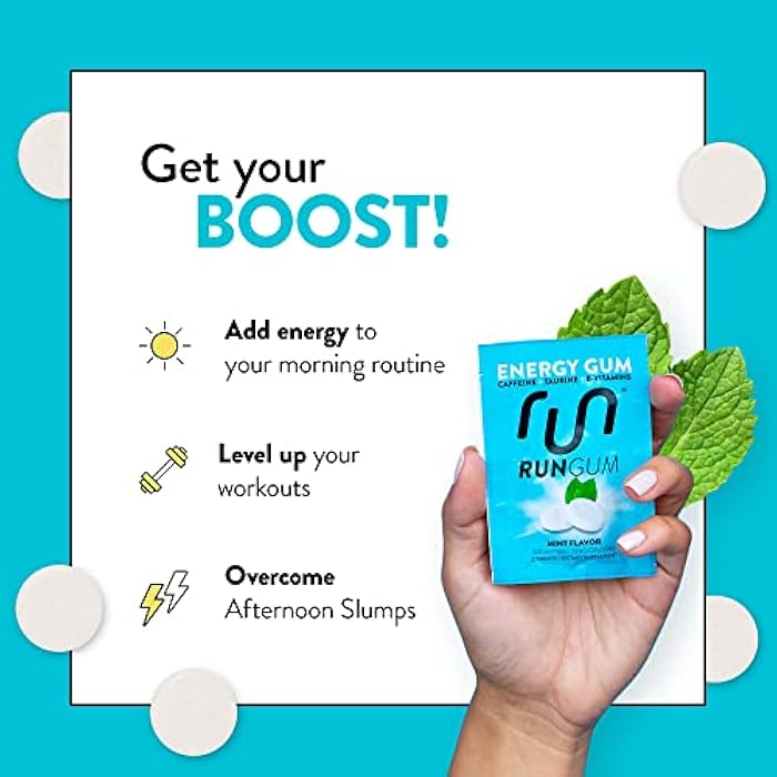 Run Gum علكة الطاقة بنكهة النعناع RUN GUM 50 ملغ كافيين، تورين وفيتامينات ب لكل قطعة، 24 قطعة (عبوة من 12)، 2 قطعة = 1 قهوة أو مشروب طاقة، خالية من السكر، صفر سعرات حرارية - Image 3