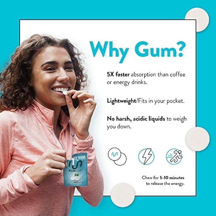 Run Gum علكة الطاقة بنكهة النعناع RUN GUM 50 ملغ كافيين، تورين وفيتامينات ب لكل قطعة، 24 قطعة (عبوة من 12)، 2 قطعة = 1 قهوة أو مشروب طاقة، خالية من السكر، صفر سعرات حرارية - Image 4
