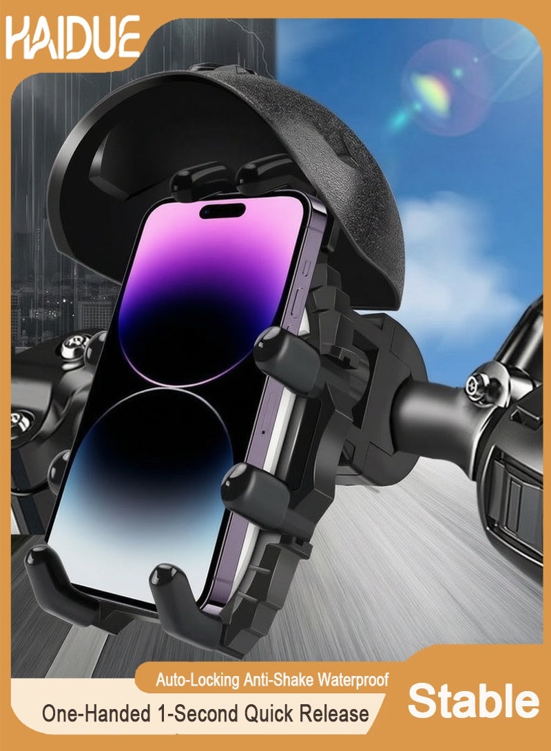 Haidue Black Handlebar Mini Helmet Phone Mount for Motorcycle/Bike|One-Handed 1-Second Quick Release + Auto-Locking Anti-Shake Waterproof|360°Rotation 4.7-7.0inch Phones Navigation Accessory - Image 1