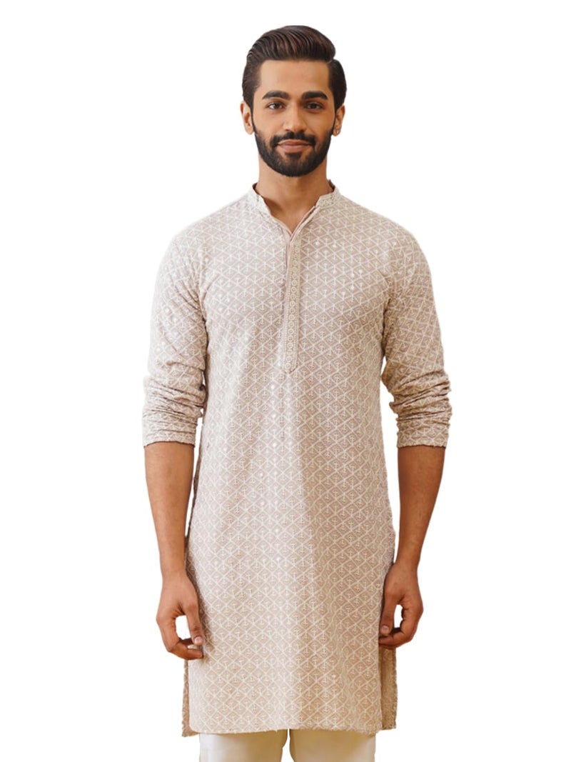 Jompers Mens Beige Sequin Embroidered Pure Cotton Kurtas (Beige, XXL) - Image 1