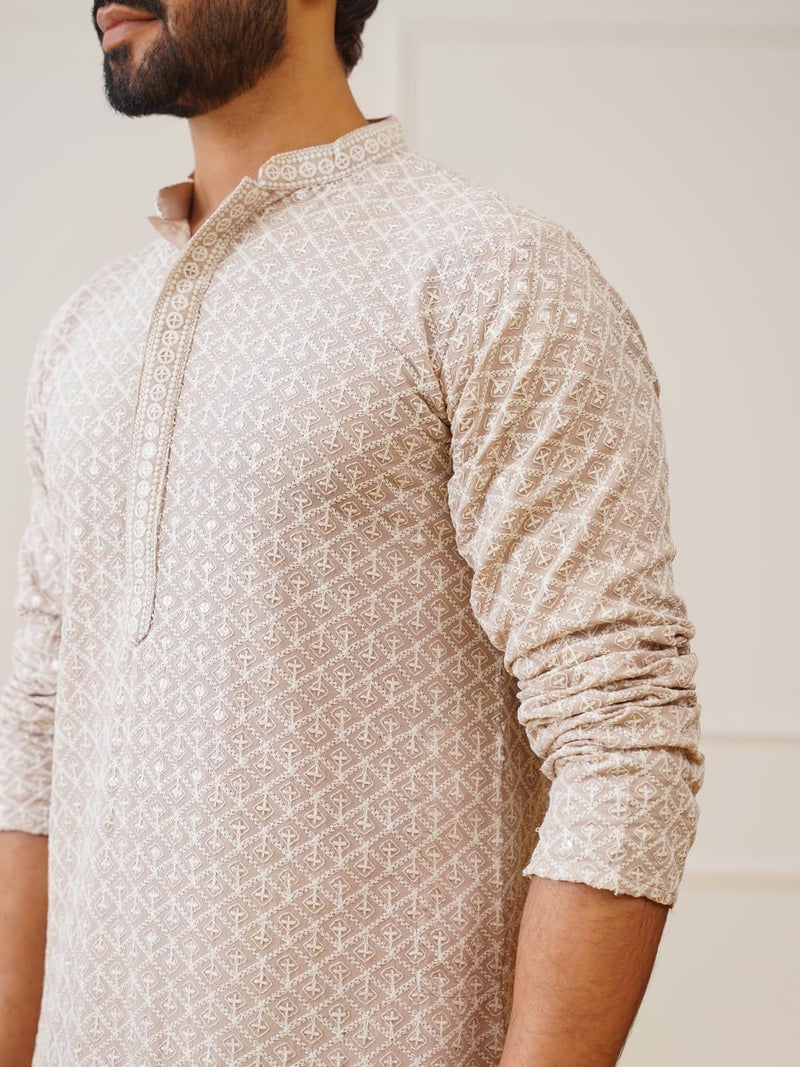 Jompers Mens Beige Sequin Embroidered Pure Cotton Kurtas (Beige, XXL) - Image 5