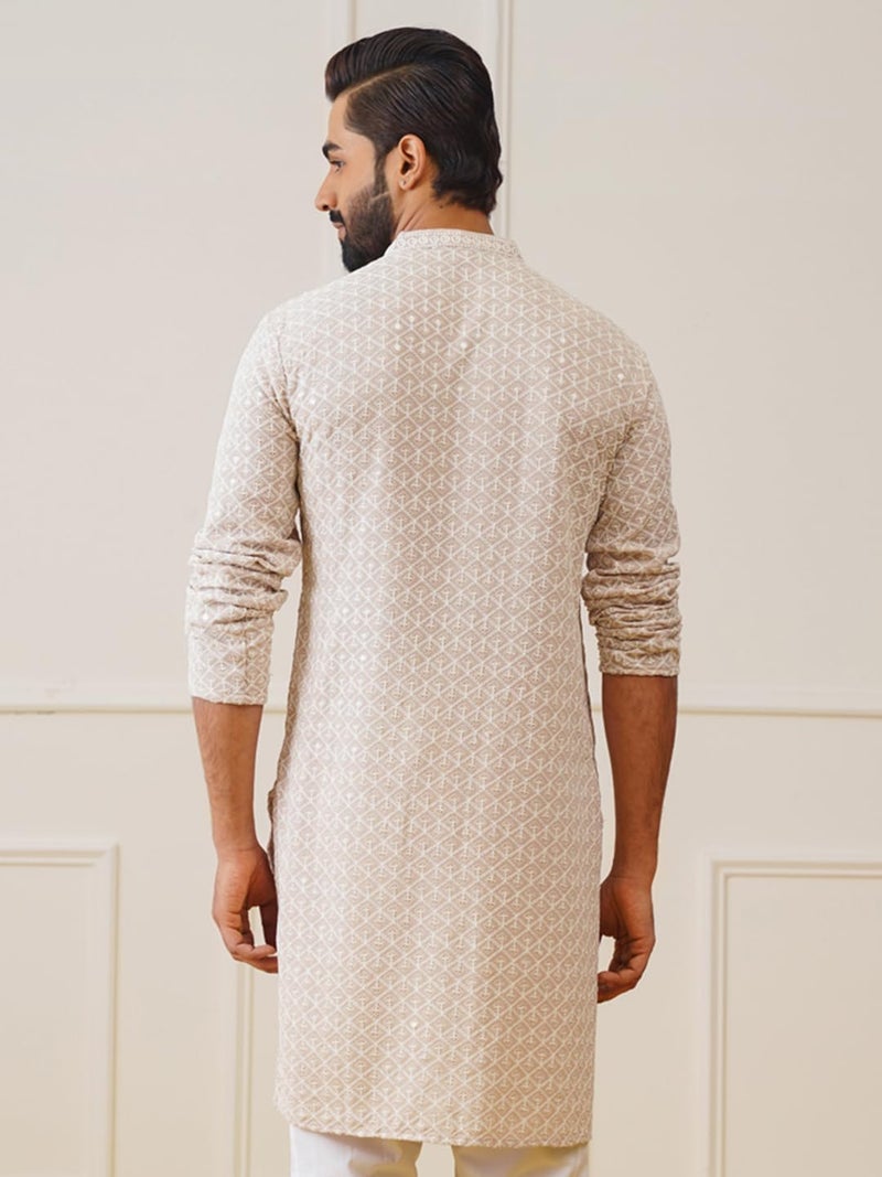 Jompers Mens Beige Sequin Embroidered Pure Cotton Kurtas (Beige, XXL) - Image 2