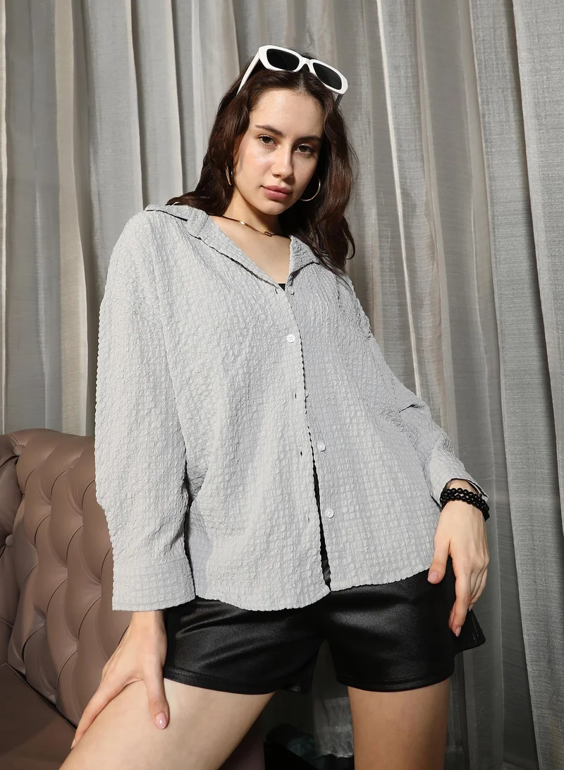 PINACOLADA Women's Coin Grey Cubic-Textured Oversized Shirt | Spread Collar , Long Cuffed Sleeves , Button Closure | Solid Pocket-Lycra Material | Polyester Blend Shirt For Casual Wear
