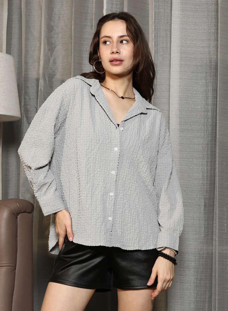 PINACOLADA Women's Coin Grey Cubic-Textured Oversized Shirt | Spread Collar , Long Cuffed Sleeves , Button Closure | Solid Pocket-Lycra Material | Polyester Blend Shirt For Casual Wear