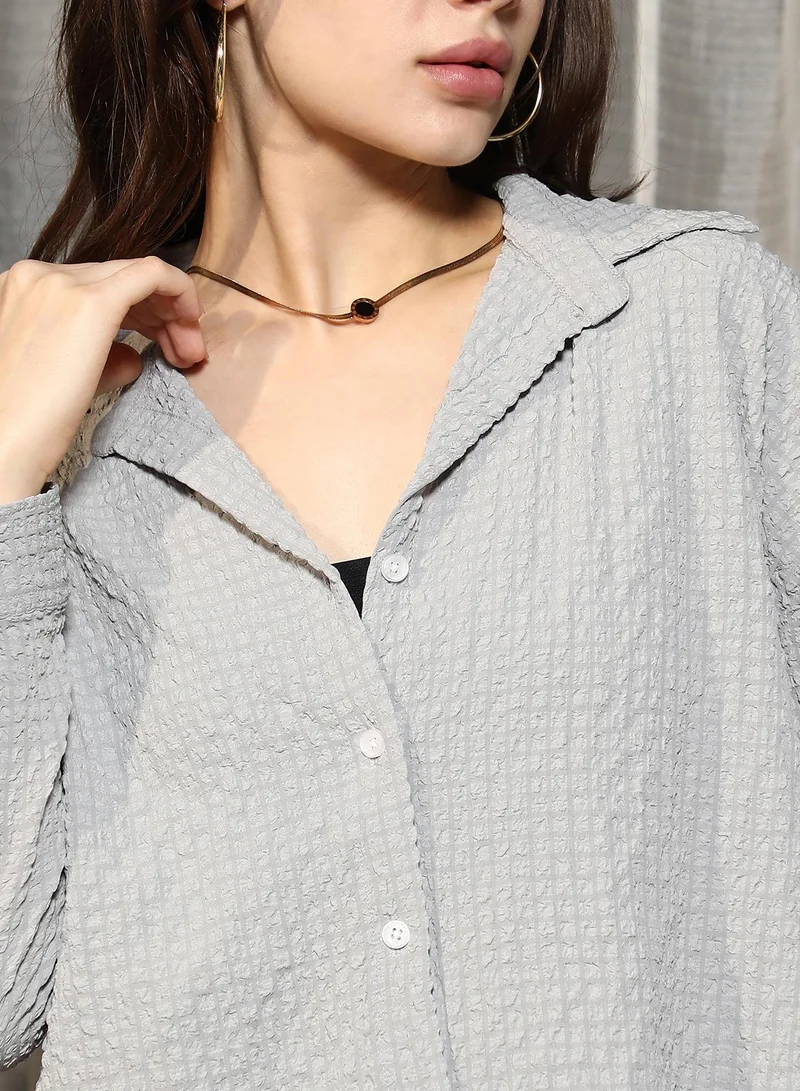 PINACOLADA Women's Coin Grey Cubic-Textured Oversized Shirt | Spread Collar , Long Cuffed Sleeves , Button Closure | Solid Pocket-Lycra Material | Polyester Blend Shirt For Casual Wear