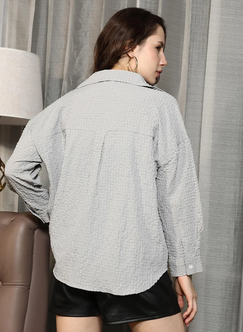PINACOLADA Women's Coin Grey Cubic-Textured Oversized Shirt | Spread Collar , Long Cuffed Sleeves , Button Closure | Solid Pocket-Lycra Material | Polyester Blend Shirt For Casual Wear