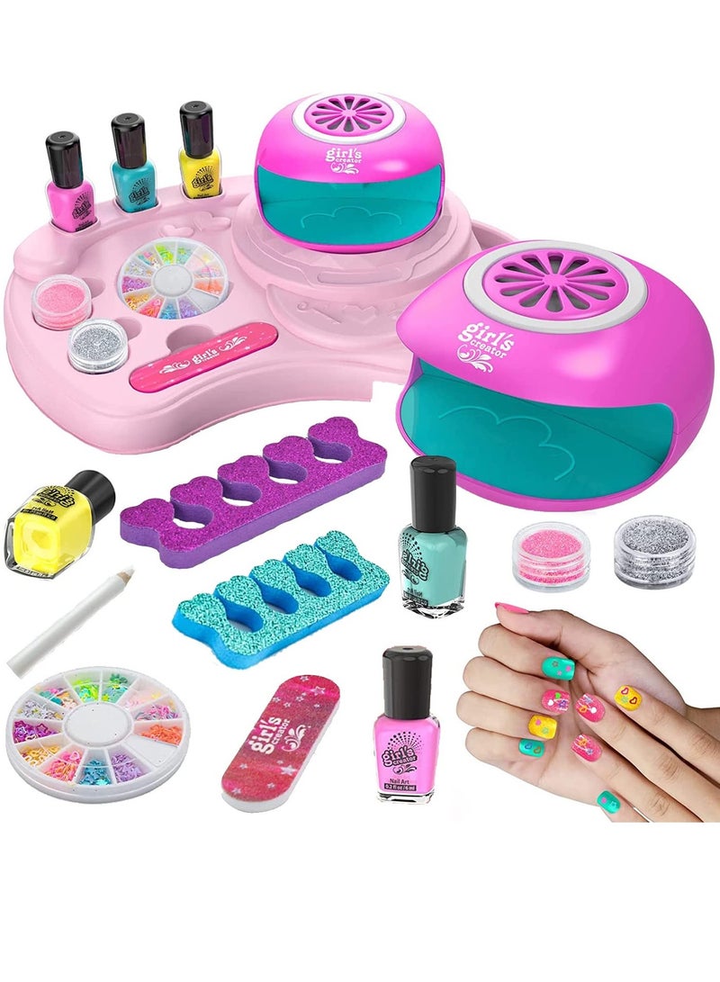 Kids Nail Polish Set, Nail Art Studio Set for Girls, Washable Make Up Sets for Girls, Peelable Glitter Nail Art Studio Makeup Dryer Manicure Massage Spa Kit - Image 1