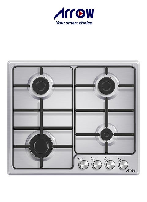 60CM Built-In Gas Hob with 4 SABAF Burners, Ignition from Knobs, Full Safety Device, Inox Panel, Wide Mat Grids | Model Name: RO-60BHGK
