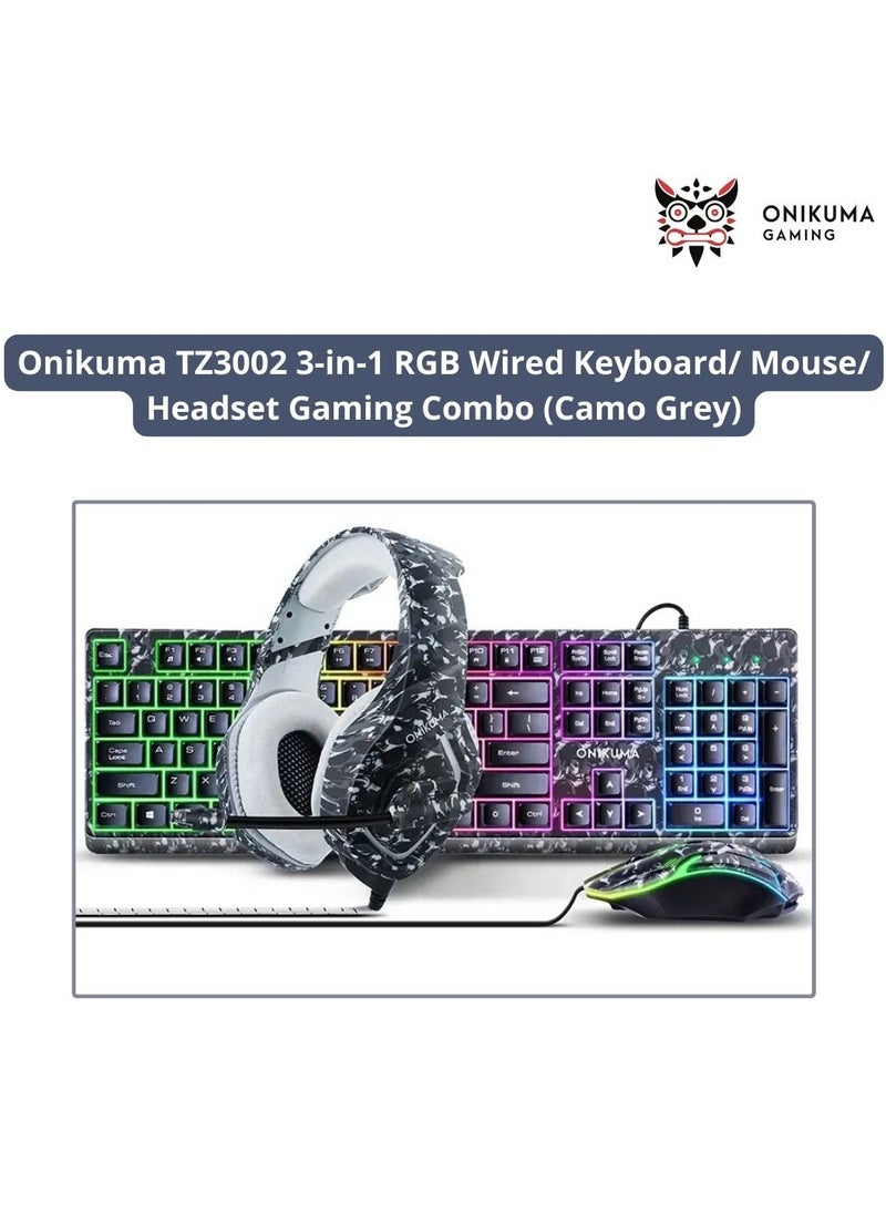 onikuma مجموعة لوحة المفاتيح/ الماوس/ سماعة الرأس السلكية 3 في 1 من Onikuma TZ3002 RGB للألعاب (رمادي مموه)  - Image 1