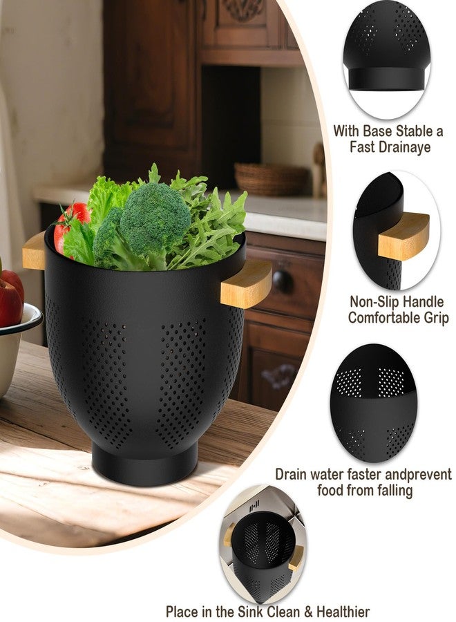 Nicdiet Colander for Kitchen, 6 QT Metal Colander with Wood Handle, Essentials Kitchen Gadgets Strainers and Colanders Food Strainer Basket for Draining Pasta Strainer, Vegetable & Fruit, Black - Image 5