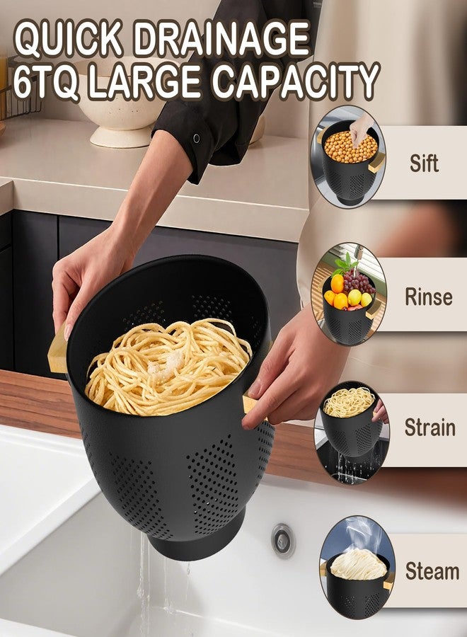 Nicdiet Colander for Kitchen, 6 QT Metal Colander with Wood Handle, Essentials Kitchen Gadgets Strainers and Colanders Food Strainer Basket for Draining Pasta Strainer, Vegetable & Fruit, Black - Image 2