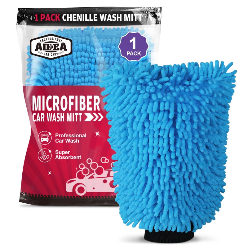AIDEA Car Wash Mitt Microfiber 1PK Scratch Free LintFree Premium Chenille Microfiber Sponge Mitt Car Wash Brush Blue Regular Size 712X1014 - Image 2