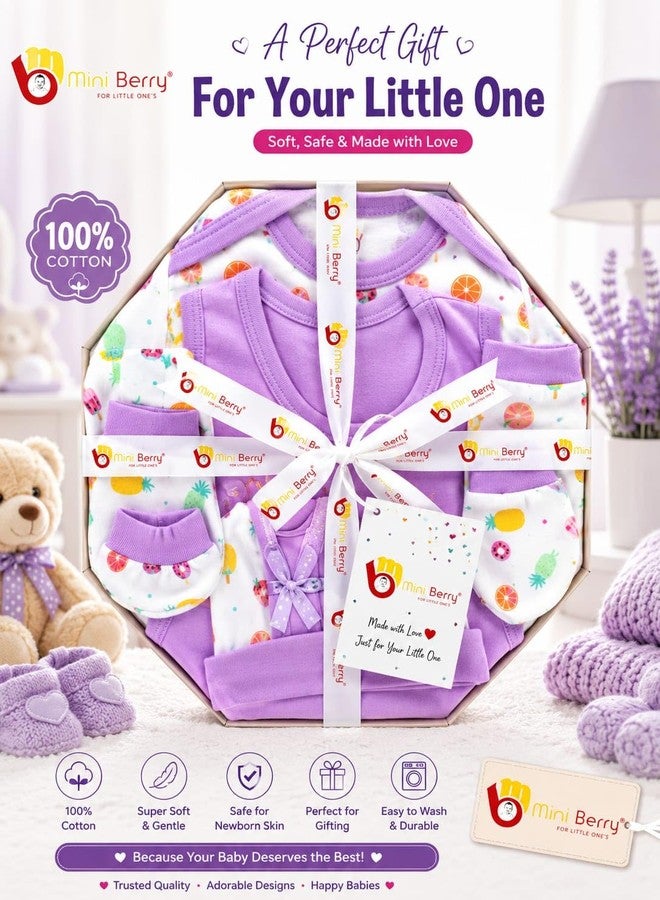 Mini Berry Newborn Baby Gift Set, Cotton, Blue Printed, Cap, Mittens & Booties, Unisex (lavendar) - Image 2