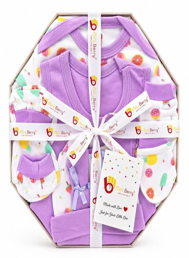 Mini Berry Newborn Baby Gift Set, Cotton, Blue Printed, Cap, Mittens & Booties, Unisex (lavendar) - Image 1