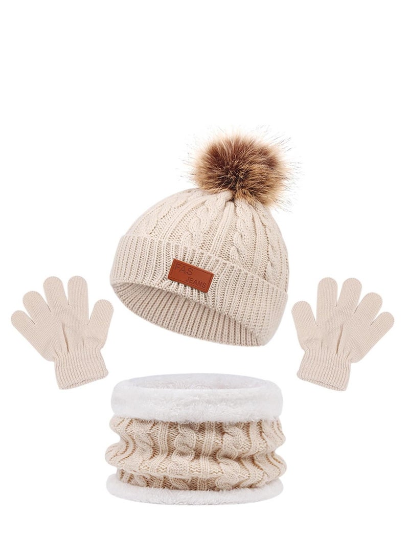 Furtey Kids Hat Scarf Gloves Set, Kids Winter Beanie Hat Scarf Gloves Set with Knit Thick Warm Fleece Lined for 2-6 Years Old, Beige - Image 1