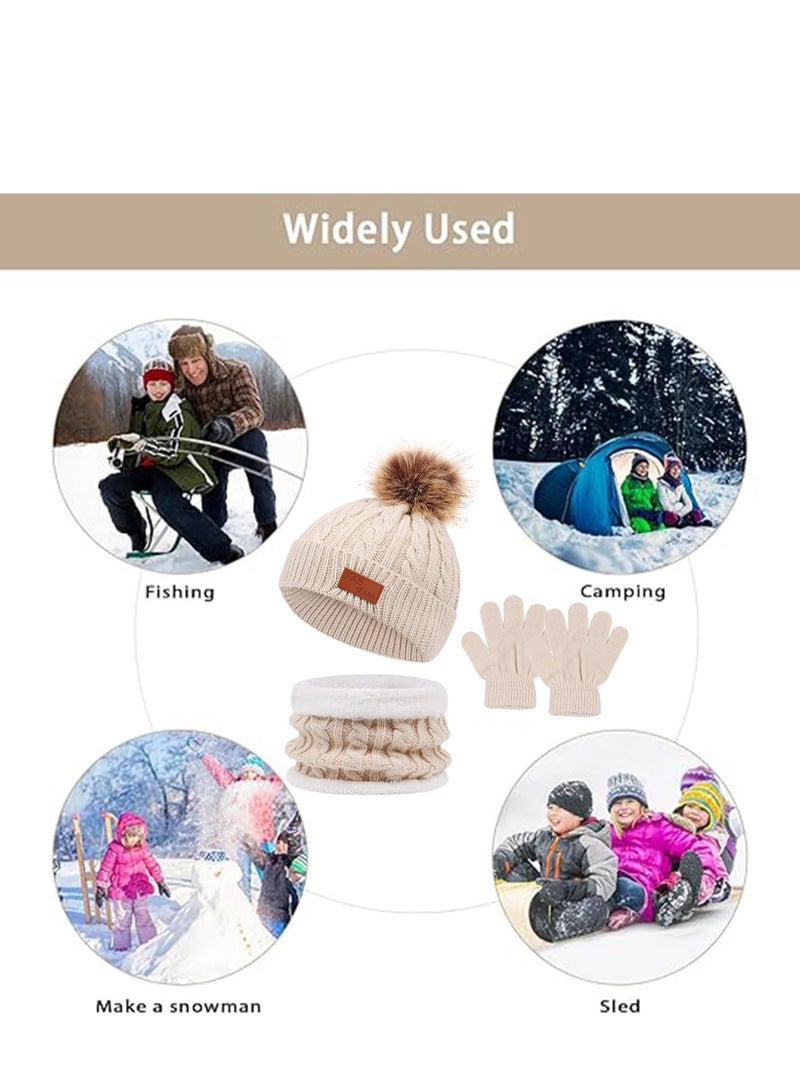Furtey Kids Hat Scarf Gloves Set, Kids Winter Beanie Hat Scarf Gloves Set with Knit Thick Warm Fleece Lined for 2-6 Years Old, Beige - Image 5