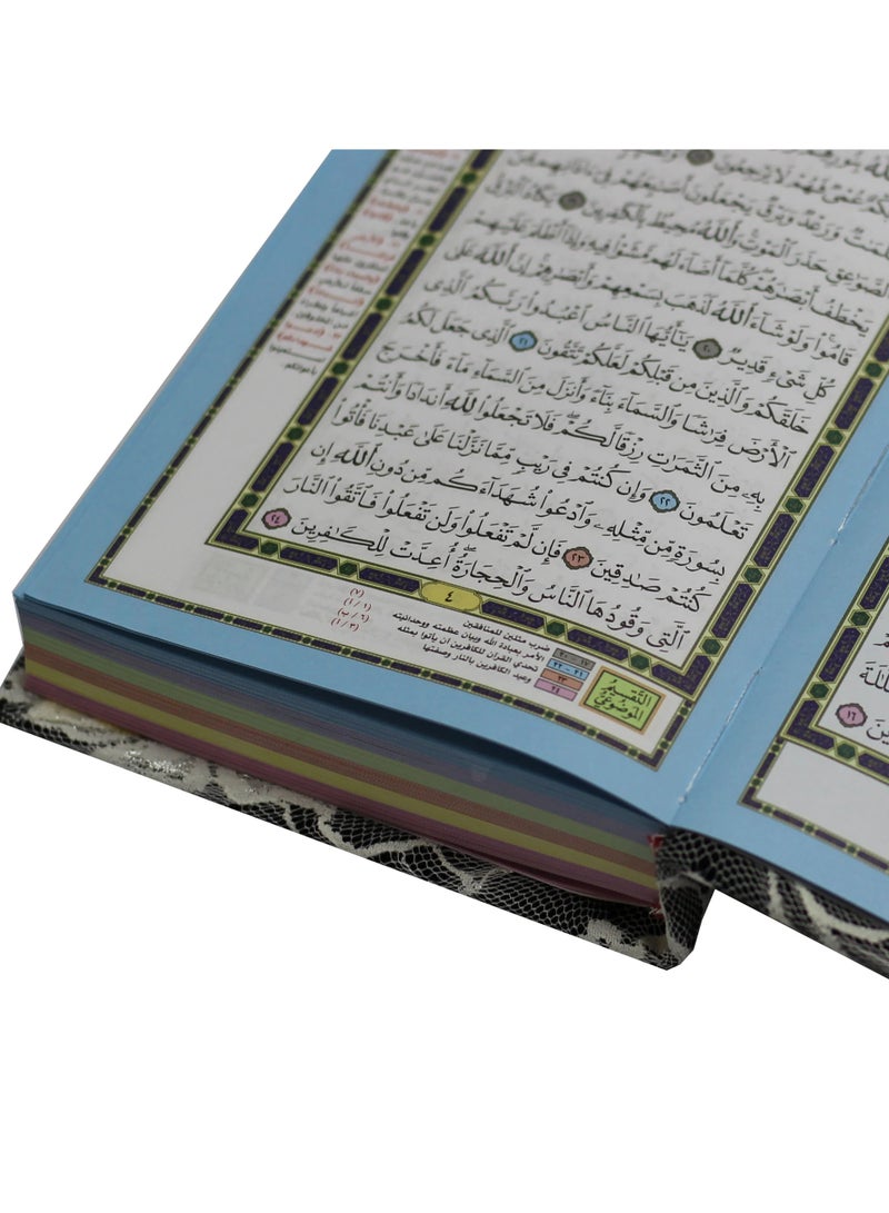 القرآن الكريم بالخط العثماني، مع تقسيم الموضوع وشرح كلام المنان في حواشيه، من تفسير السعدي. حواف دانتيل ملونة كبيرة مقاس كبير 20/14 - Image 3