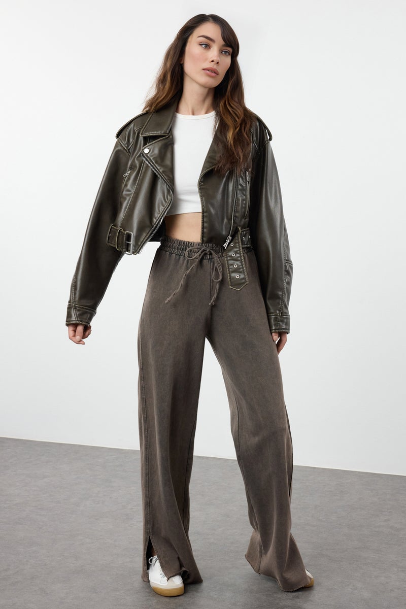 trendyol Dark Brown Faded Effect Wide Leg/Wide Leg Thin Knitted Sweatpants Pants Twoaw22Ea0426 - Image 1
