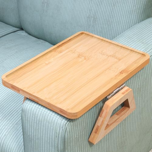 Danfoxer Couch Arm Tray,Bamboo Folding Sofa Tray,Sofa Armrest Trays Clip-On Couch Desk for Drinks,Snacks,Phone,Remote Control（Natural） - Image 1