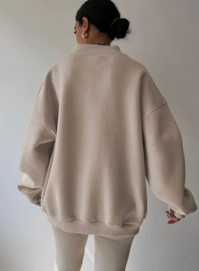 Take Two Women Beige Solid Oversized Sweatshirt