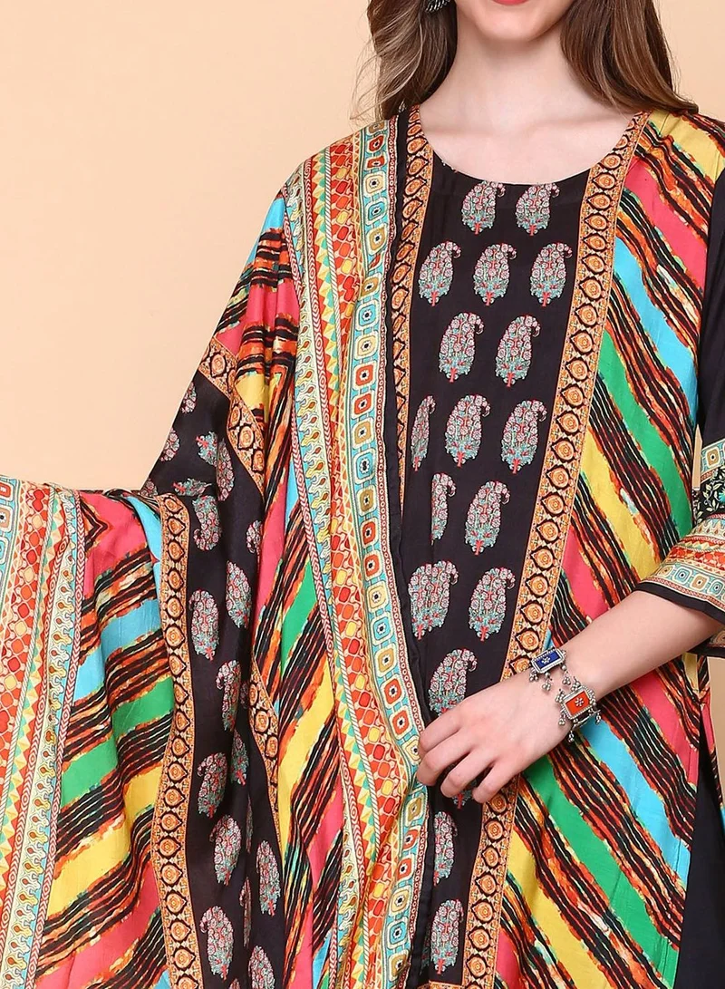 ISHIN Women's Multicoloured Viscose Blend Embellished Tunic Full Length Casual Straight Fit Kurta Set