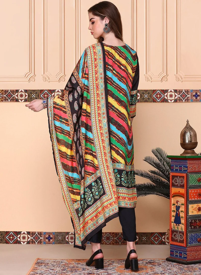 ISHIN Women's Multicoloured Viscose Blend Embellished Tunic Full Length Casual Straight Fit Kurta Set