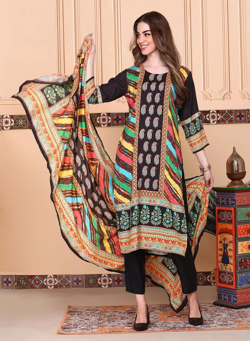 ISHIN Women's Multicoloured Viscose Blend Embellished Tunic Full Length Casual Straight Fit Kurta Set