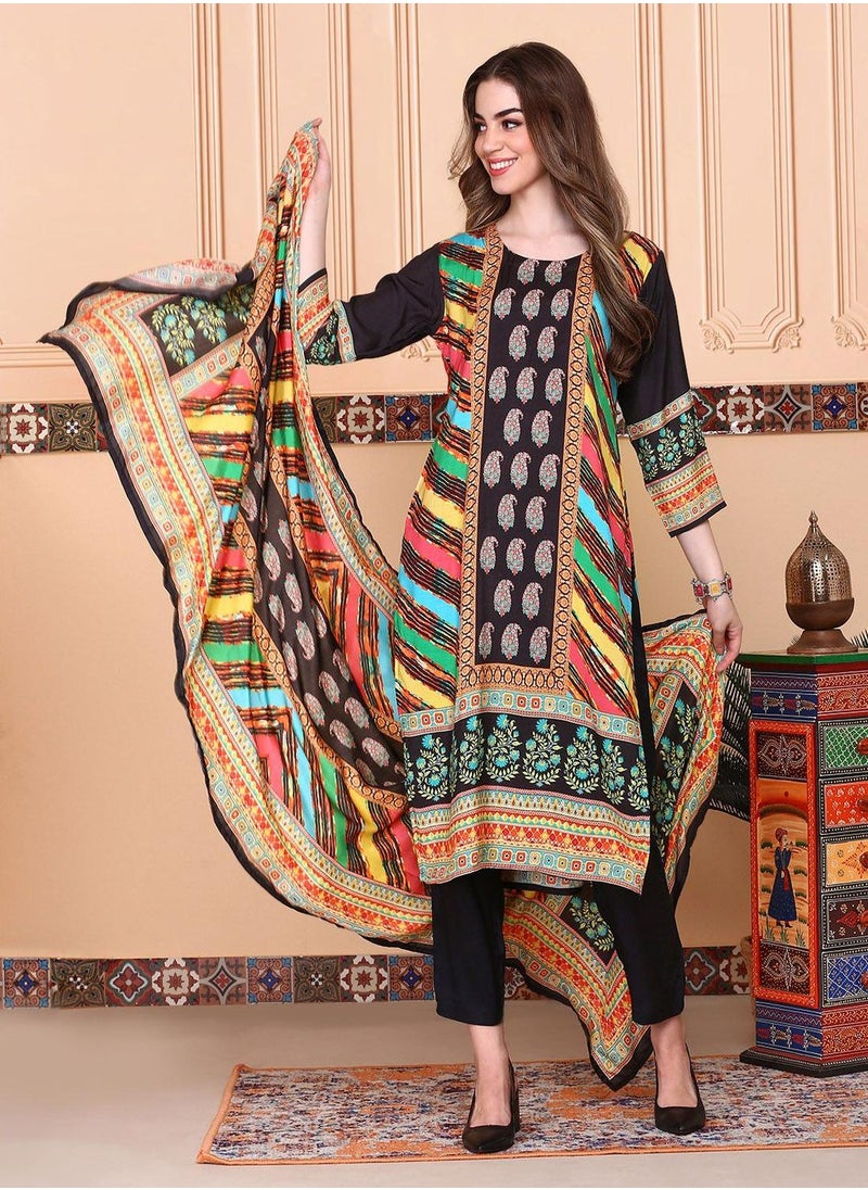 ISHIN Women's Multicoloured Viscose Blend Embellished Tunic Full Length Casual Straight Fit Kurta Set  - Image 5