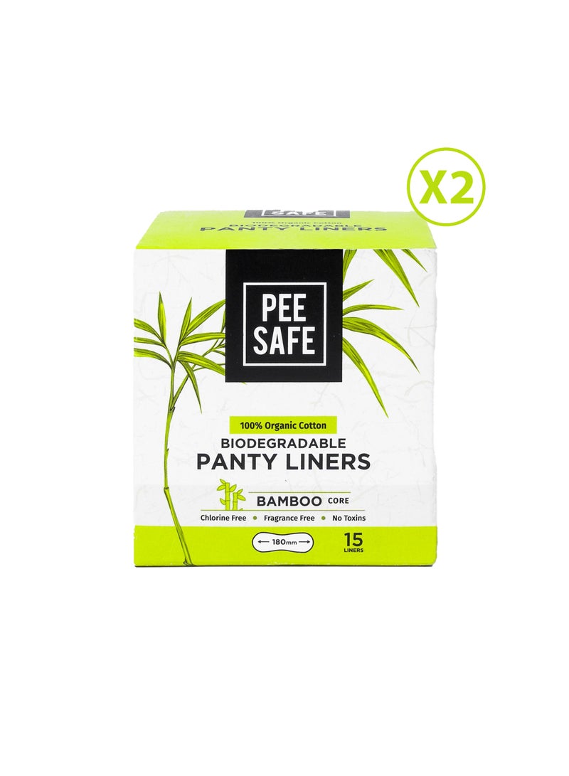 PEE SAFE PeeSafe 100% Organic Cotton Panty Liners, Biodegradable Bamboo Core, Extra Soft Surface, Curved For Discharge, Antibacterial, Chlorine Free & Fragrance Free, - 15 liners - Pack of 2 - Image 1