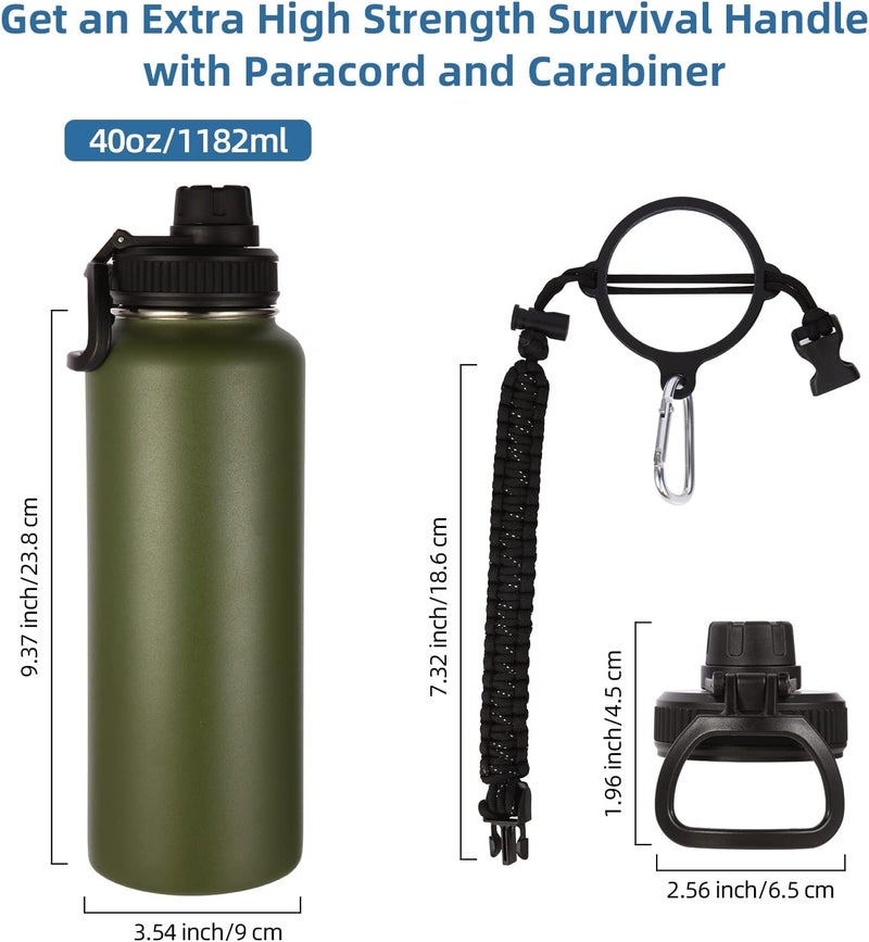 Volhoply Insulated Water Bottles Bulk 8 Pack, 40 oz Stainless Steel Sports Bottle with Paracord Handle & Spout Lid, Vacuum Metal Travel Thermos with Wide Mouth,Reusable Large Cup(Army Green,2 Set) - Image 3