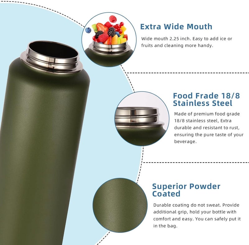 Volhoply Insulated Water Bottles Bulk 8 Pack, 40 oz Stainless Steel Sports Bottle with Paracord Handle & Spout Lid, Vacuum Metal Travel Thermos with Wide Mouth,Reusable Large Cup(Army Green,2 Set) - Image 4