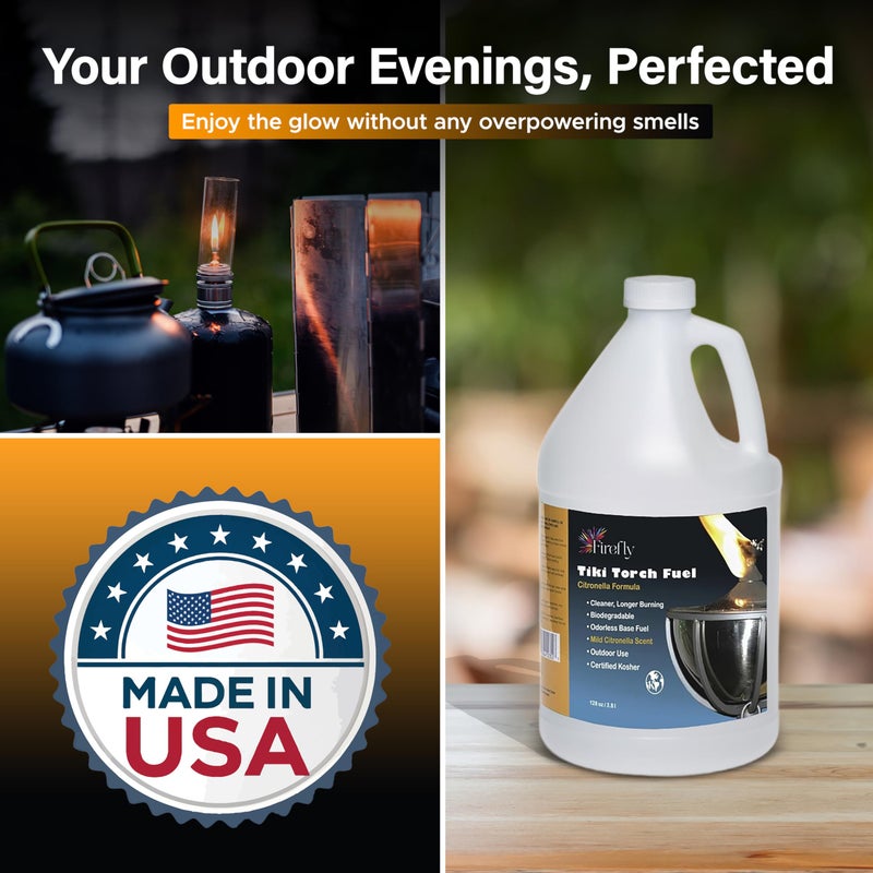 Firefly Fuel Tiki Torch Fuel â€“ Clean-Burning Outdoor Lamp Oil for Tiki Torches and Lanterns. Low Smoke, Citronella Formula, Long-Lasting â€“ Outdoor Patio & Garden Use - 1 Gallon - Image 1