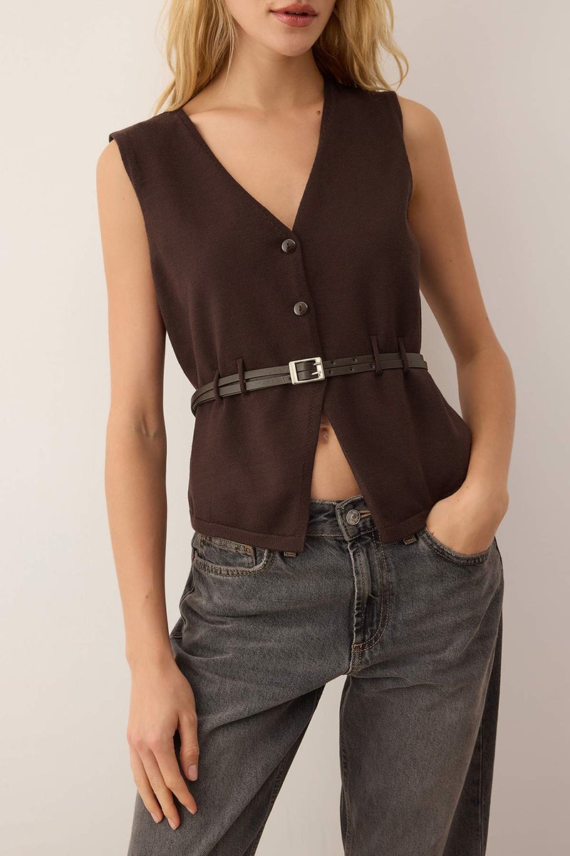 trendyol Limited Edition Brown Premium Yarn/Special Yarn Knitwear Vest - Image 3