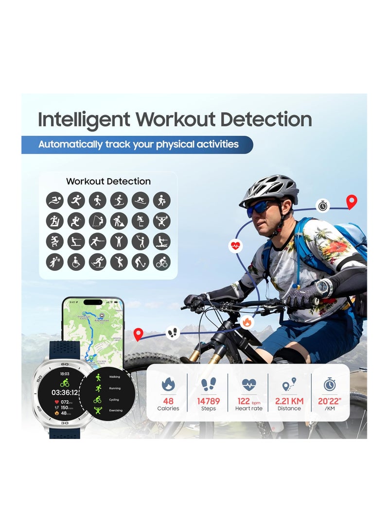 SWISS MILITARY - Swiss Military DOM7 Smartwatch 1.43" AMOLED, Bluetooth Calling, Multi Language, Health & Sports Tracking, Wireless Charging, 7 Days Battery, IP67, iOS/Android Compatible, Silver Frame with Blue Strap - Image 1