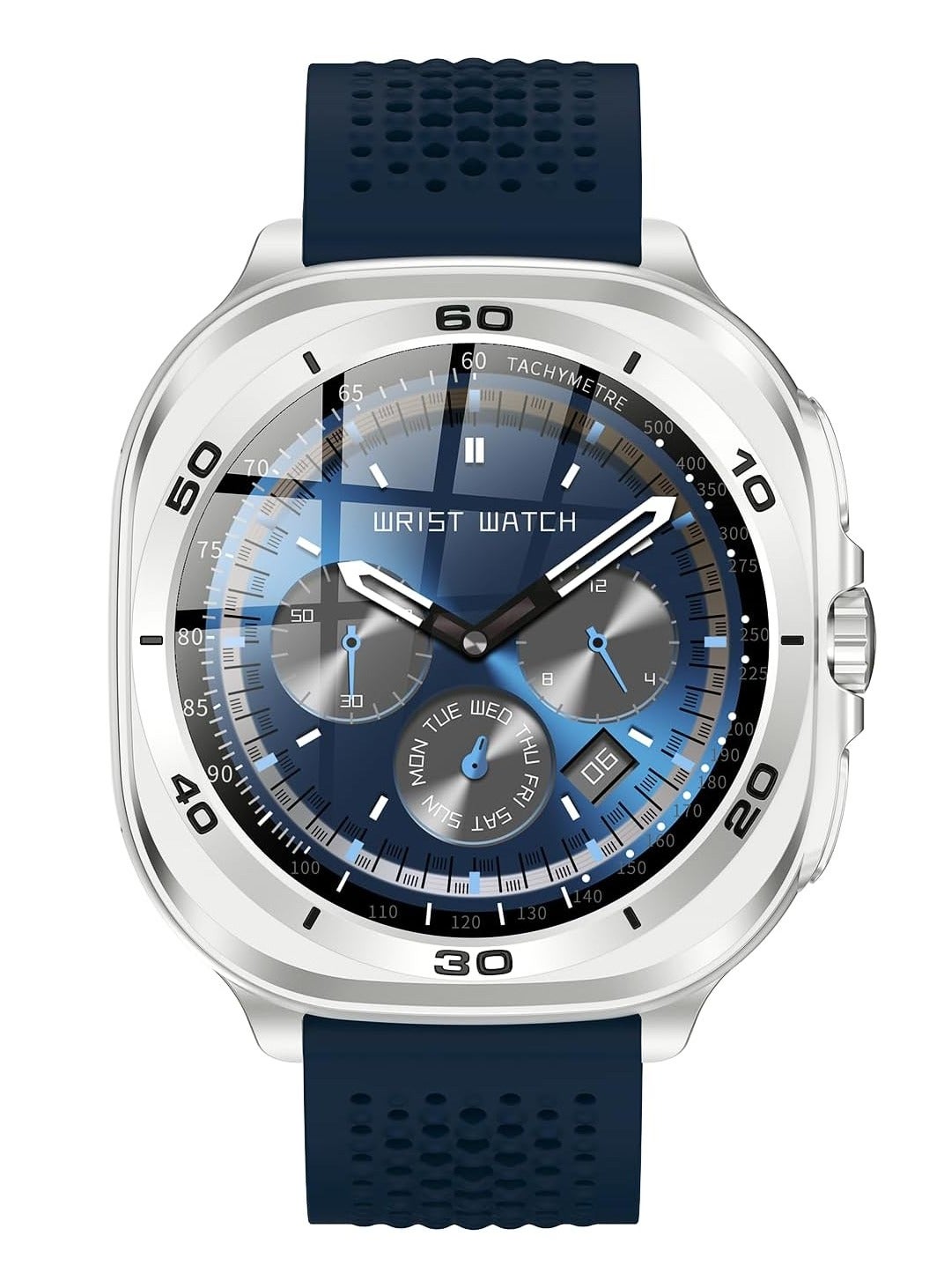 Swiss Military DOM7 Smartwatch 1.43" AMOLED, Bluetooth Calling, Multi Language, Health & Sports Tracking, Wireless Charging, 7 Days Battery, IP67, iOS/Android Compatible, Silver Frame with Blue Strap