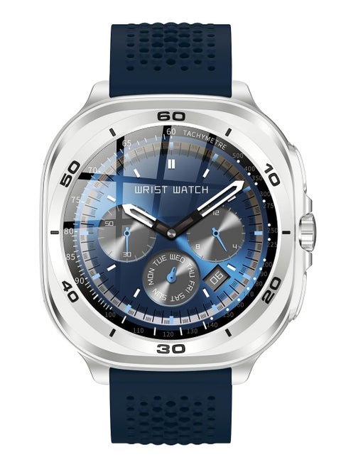 Swiss Military DOM7 Smartwatch 1.43" AMOLED, Bluetooth Calling, Multi Language, Health & Sports Tracking, Wireless Charging, 7 Days Battery, IP67, iOS/Android Compatible, Silver Frame with Blue Strap