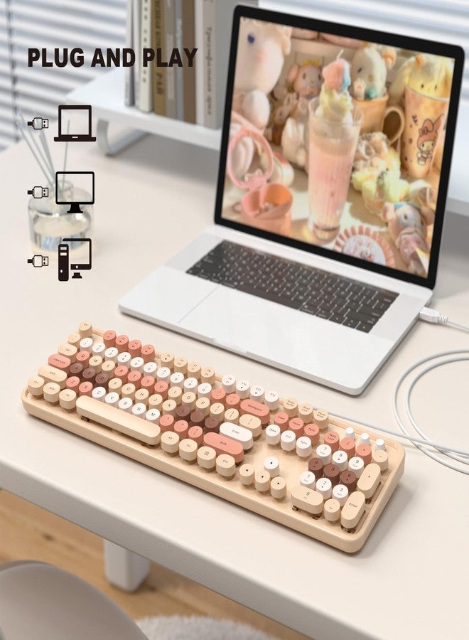 MOFII Wired Keyboard - Full Size USB Plug & Play, Colorful Retro Round Typewriter Keyboard with Foldable Stands for Windows PC Laptop (Milk Tea Colorful) - Image 3