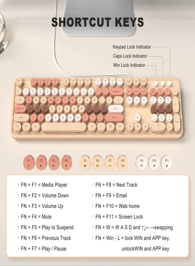 MOFII Wired Keyboard - Full Size USB Plug & Play, Colorful Retro Round Typewriter Keyboard with Foldable Stands for Windows PC Laptop (Milk Tea Colorful) - Image 5