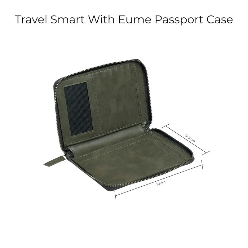EUME Zen Passport Holder for Men & Women, Olive Green | Bifold Premium Vegan Leather | 6 Card Slots, 1 Compartment, 2 Pockets | Zippered Passport Pouch | Travel Document Organiser | Passport Cover - Image 3