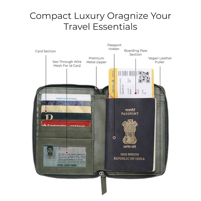EUME Zen Passport Holder for Men & Women, Olive Green | Bifold Premium Vegan Leather | 6 Card Slots, 1 Compartment, 2 Pockets | Zippered Passport Pouch | Travel Document Organiser | Passport Cover - Image 4