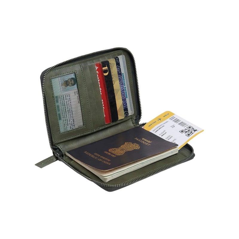 EUME Zen Passport Holder for Men & Women, Olive Green | Bifold Premium Vegan Leather | 6 Card Slots, 1 Compartment, 2 Pockets | Zippered Passport Pouch | Travel Document Organiser | Passport Cover - Image 5