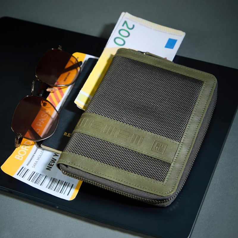 EUME Zen Passport Holder for Men & Women, Olive Green | Bifold Premium Vegan Leather | 6 Card Slots, 1 Compartment, 2 Pockets | Zippered Passport Pouch | Travel Document Organiser | Passport Cover - Image 2